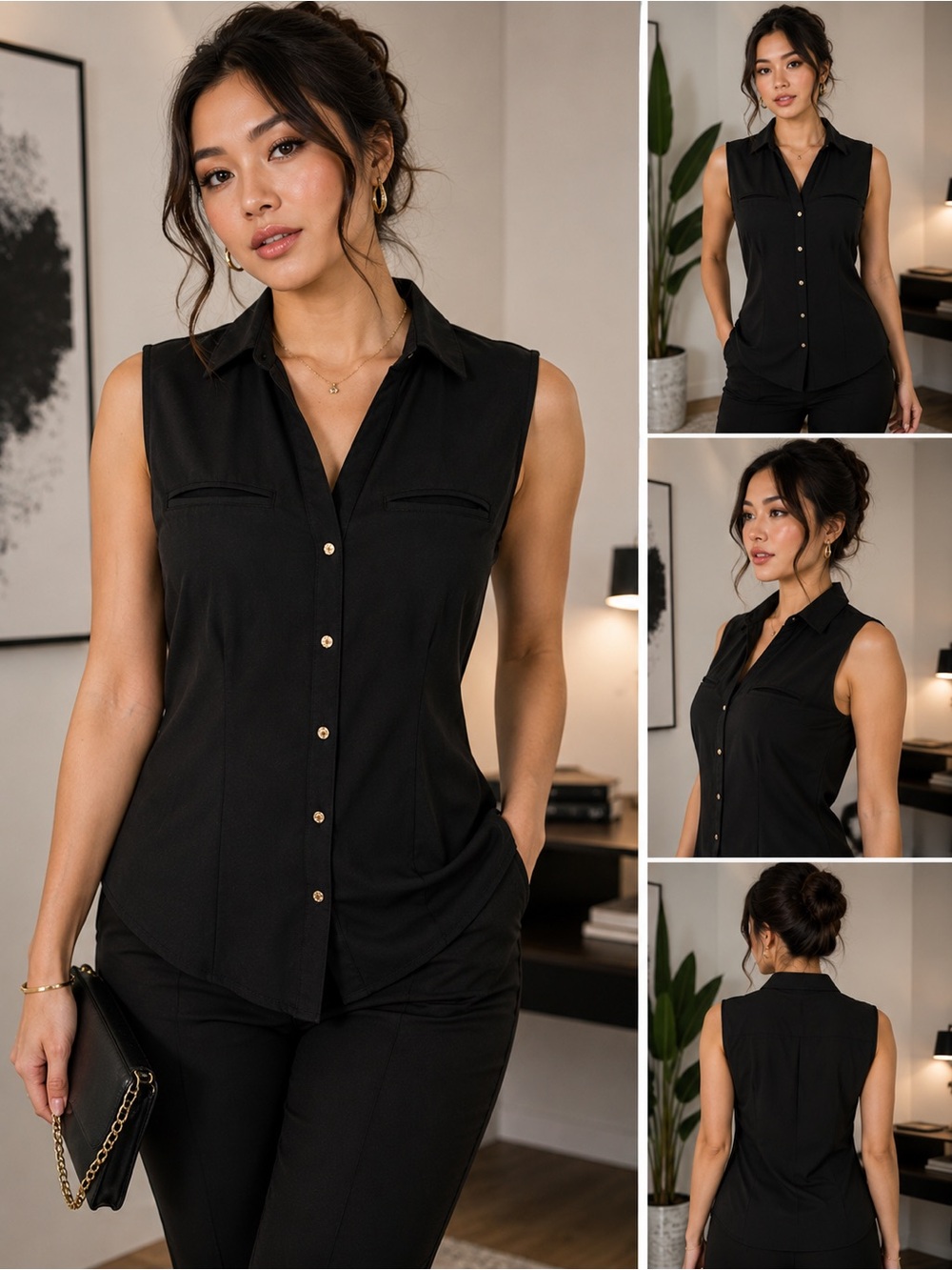 NY&Co 7th Avenue Black Sleeveless Button Front Blouse Womens L Stretch